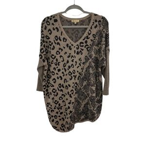 Democracy Taupe and Black Asymmetrical Animal Print Sweater Size Medium V-Neck